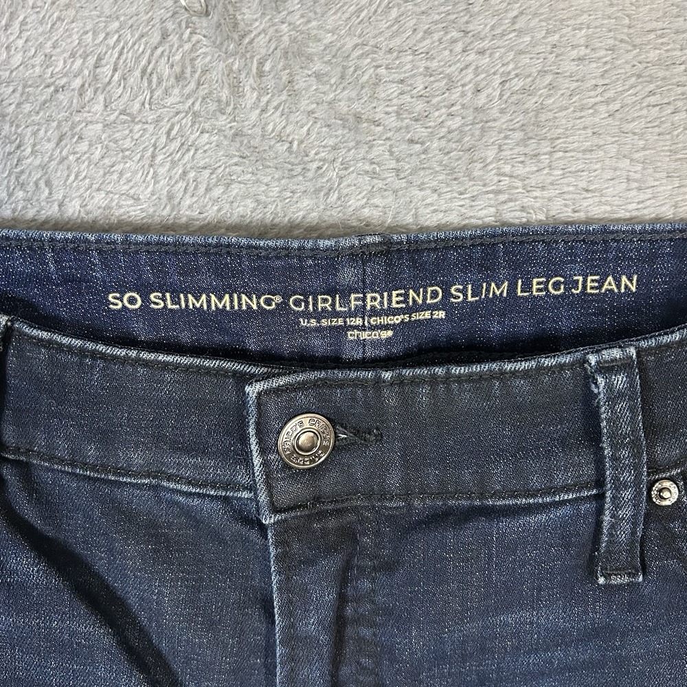 Chico's So Slimming Girlfriend Jeans 2R 12R Dark Wash Stretch Denim Pants - Picture 3 of 9